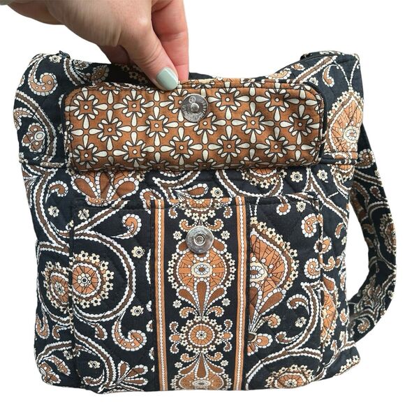 Vera Bradley Crossbody Bag Cafe Latte Retired Print Brown Black Paisley Floral - Picture 2 of 6